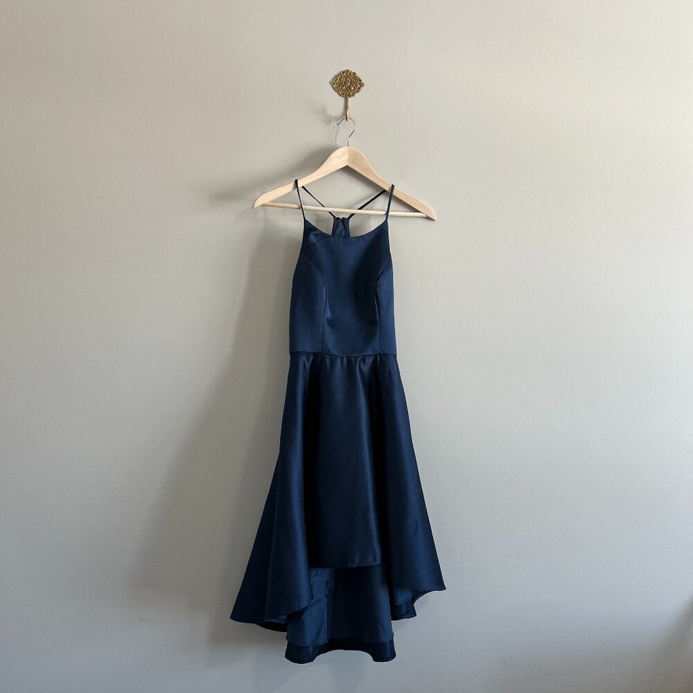 NWT JJ’s House Navy Satin High-Low Halter Formal Dress Size 2 Open Back